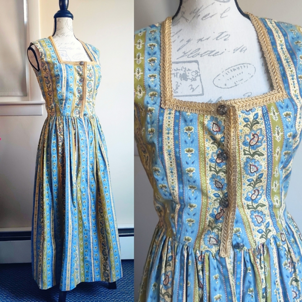 vintage 70s german folk blue green floral woven square neck maxi dress dirndl